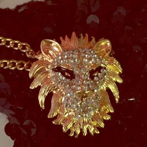 Rhinestone gold-tone lion face necklace